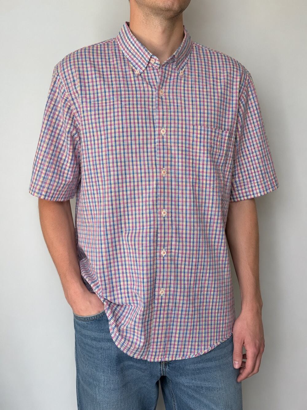 Peter Millar Shirt Men Sz Large L Pink Blue Yellow Short Sleeve 100% Cotton